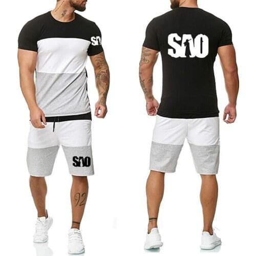 2021 Summer Mens short sleeve SAO Sword Art Online Printed High Quality Cotton casual Mens T-Shirt Pants Suit 2Pcs A