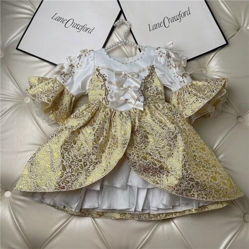 Free Shipping 2021 Spring Summer New Girls Vintage Spanish Princess Lolita Pompom Ball Birthday Wedding Party Yellow Dress