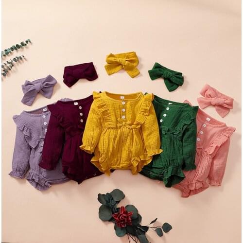 Cotton Linen Baby Girl Clothes Spring Summer Double Gauze Kids Ruffle Bodysuit Jumpsuit Headband Dusty Pink Playsuit For Newborn