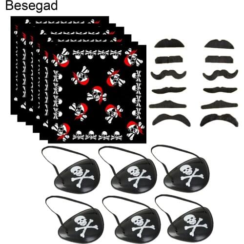 Besegad 12Pcs Beards 6Pcs Headscarf 6Pcs Eyepatch Pirate Captain Costume Accessories Supplies for Halloween Party Masquerade Toy