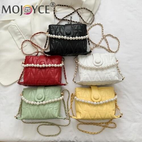 Casual Female Pure Color Shopping Handbags Ladies Single Strap PU Leather Crossbody Bags Small Pearl Chain Messenger Bags