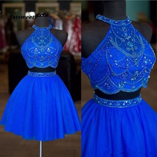 Real Photos Halter Beaded Rhinestone Two Pieces Homecoming Dresses Sexy Backless A Line Tulle Short Prom Cocktail Gowns