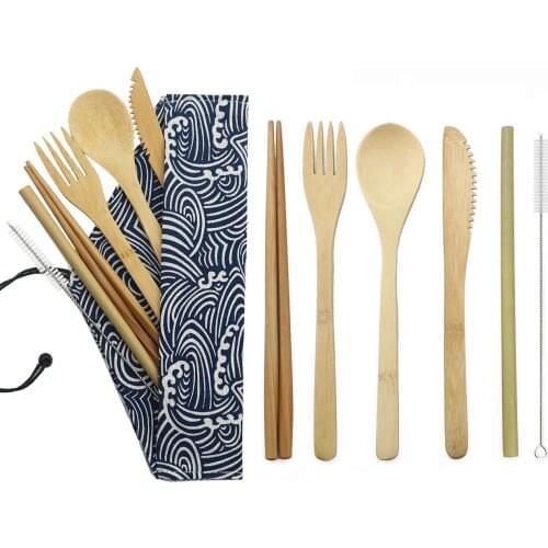 Travel Dinnerware Set Reusable Spoon Fork Knife Chopstick Portable Tableware Wooden Cutlery Set Environmental With Cloth Pack