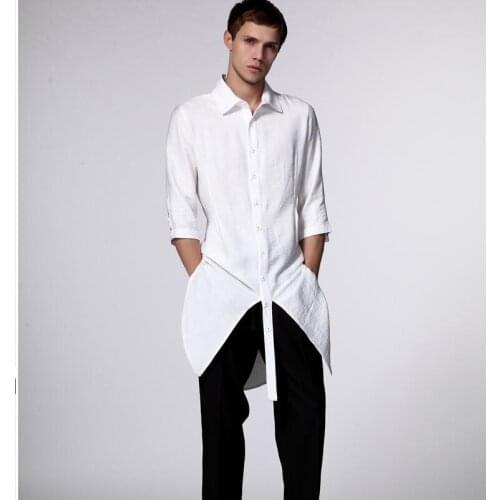 S-6xl Korean Version Of The Shirts Mens Linen Hair Stylist Nightclub Slim Five-point Sleeve Shirt Personality Tide Long Shirts