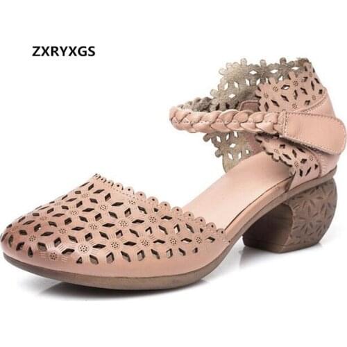Hot 2020 new top cowhide Round head hollow leather sandals women fashion sandals high heels elegant comfort women shoes sandals