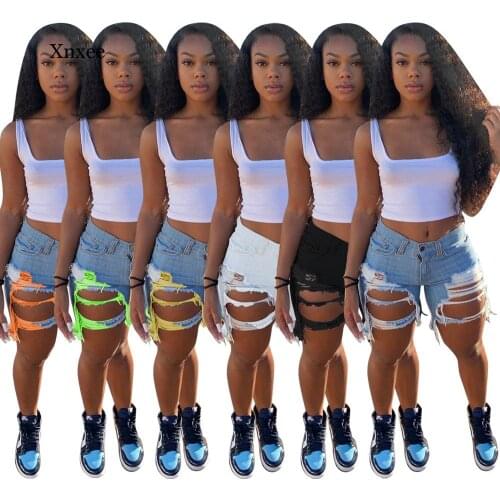 Women Shorts Jeans High Waist Casual Zipper Fly Pockets Jeans High Street wear Denim Shorts Fashion denim Pants hole Summer