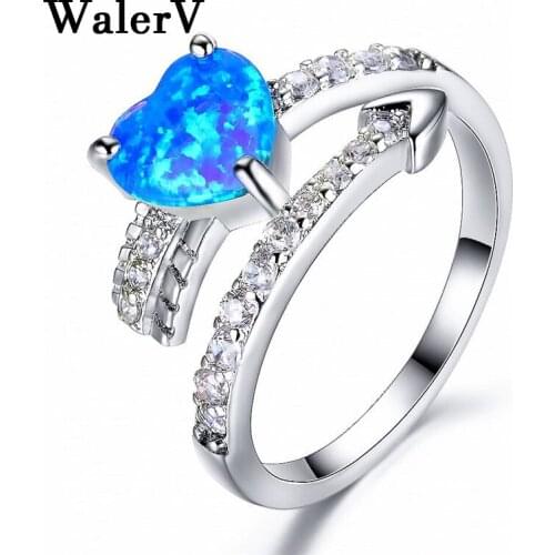 WalerV Rings for Women Set Fashion Charm High Quality Imitation Blue Fire Opal Stone Zircon Heart Love Wedding Ring