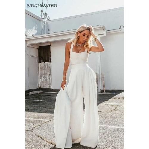 Summer Two Piece Set Women Chest Wrapped Straps Vest Cropped Tops + Casual Pants Loose Straight Wide Leg Pants 2pcs Pants Suit
