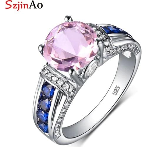 Szjinao Branded Fine Jewellery Lady Pink Crystal Ring Genuine 925 Sterling Silver Round Vintage Sapphire Rings for Women Bijoux