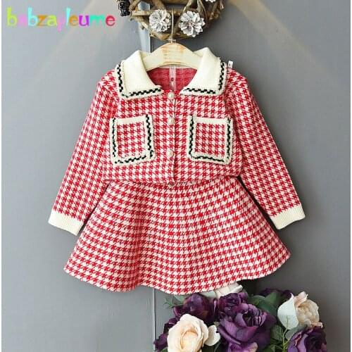 2Piece Winter Kids Clothes For Baby Girls Fall Outfits Fashion Princess Plaid Knitted Sweater+Skirt Children Clothing Sets 1973