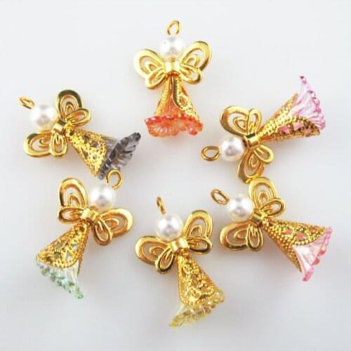 16 New Dancing Angel Charms Gold Plated Wings Mixed Flower Pendants 18x27mm
