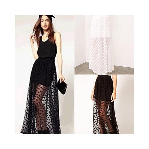 2016 Sexy Womens Ladies Retro Gauze Long Polka Dot Sheer Elastic Waist Skirt Black Half Transparent Ankle Length Skirt
