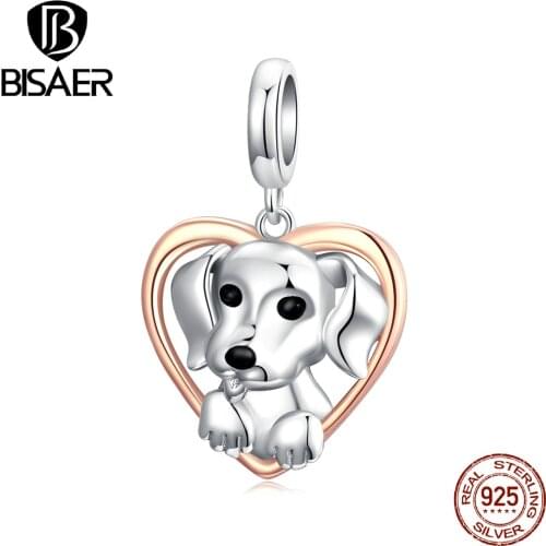 BISAER 2020 New 925 Sterling Silver Cute Dog Beads Charms fit Bracelets Bangles & Necklace Silver 925 Jewelry Making ECC1611