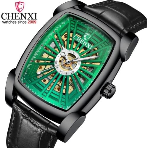 CHENXI Top Brand Business Men Watches Square Dial Automatic Luminous Clock Leather Hollow-carved Design Mens Wrist Watch Relogio