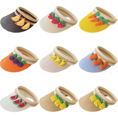 Kids Baby Summer Woven Straw Sun Visor Hat Cute 3D Cartoon Fruits Vegetable UV Protection Beach Empty Top Baseball Cap