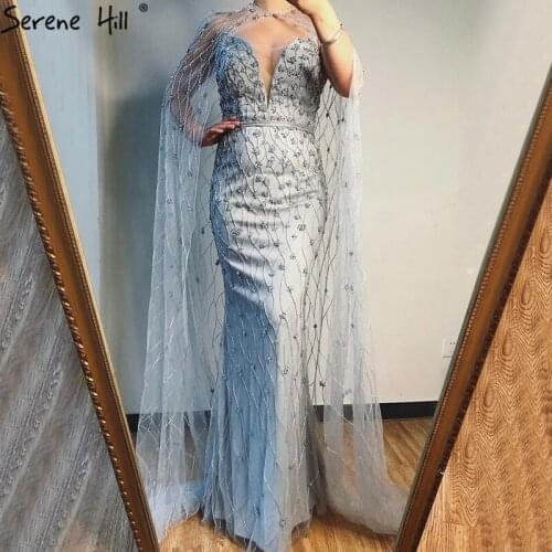 Dubai Luxury Beading Crystal Evening Dresses 2020 Grey Mermaid Sleeveless Shawl Yarn Formal Gown Serene Hill BLA70399
