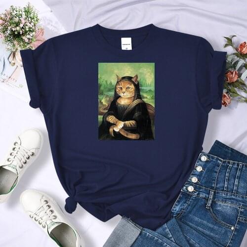 Painting Monalisa Orange Cat Print T-Shirts Women Casual Summer Tops Casual Oversized T-Shirt Fashion Crewneck T Shirt Women New