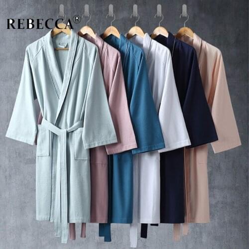 100%Cotton Waffle Robes Men Women Spring Summer Lapel Soft Ventilation Household Hotel Bathrobe Male Dressing Gown