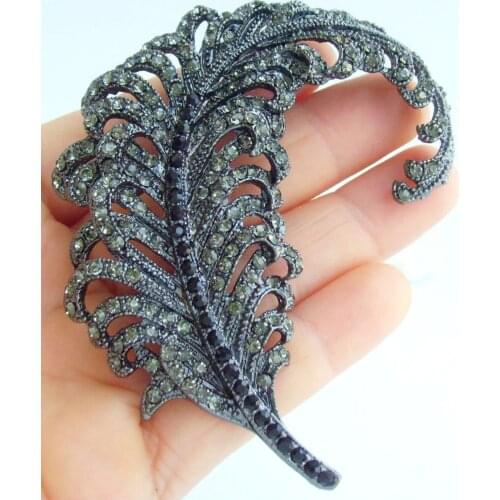 Classic 3.35" Black Gray Austrian Crystal Leaf Brooch Pin Pendant EE05065C6