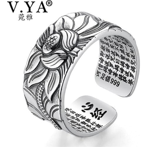 V.YA 100% Real 999 Pure Silver Jewelry Lotus Flower Open Ring For Men Male Fashion Free Size Buddhistic Heart Sutra Rings Gifts