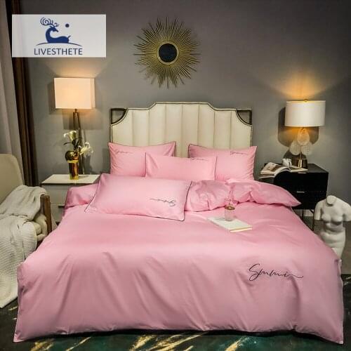 Liv-Esthete 2020 NEW Women Noble Pink 100% Cotton Bedding Set Printed Duvet Cover Flat Sheet Pillowcase Queen King Bed Linen Set