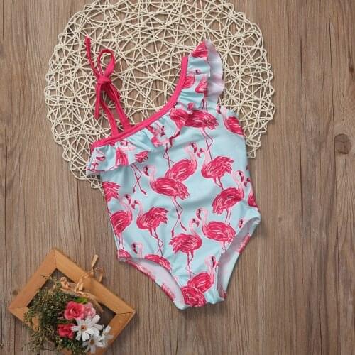 1-6Y Baby Girls Swimwear Kids Bikini Flamingo Print Ruffle Girls One Piece Swimsuit Toddler Bathing Suit Children Beachwear
