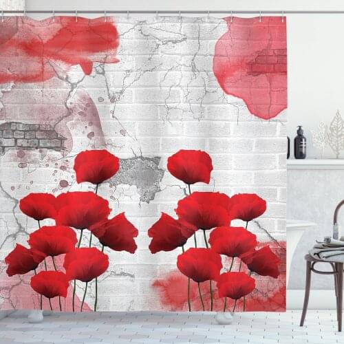 Poppy Shower Curtain Set Warm Toned Wild Flowers on Brick Wall Curtain for Bathroom Decor 12 Hooks Decorative Bath Accessory