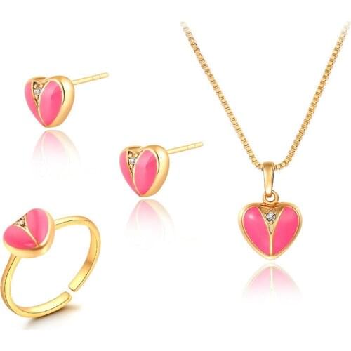 Cute Pink Peach Love Heart CZ Stud Earrings Ring Pendant Necklace Gold Color Small Jewelry Sets For Children Girls Kid Baby