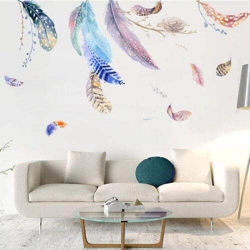 Large Colorful Feather Wall Sticker for Living Room Sofa TV Background Decoration Mural Decals Wallpaper Stickers Home Decor