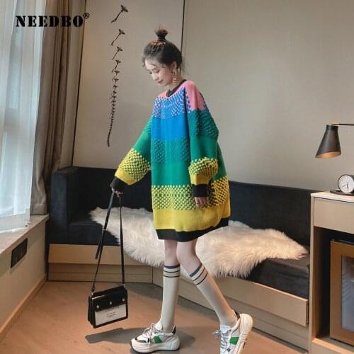 NEEDBO Long Sweater Women Oversize Knitted Patchwork Rainbow Sweater High Elastic Women Sweater Pullover Autumn Winter Sweater