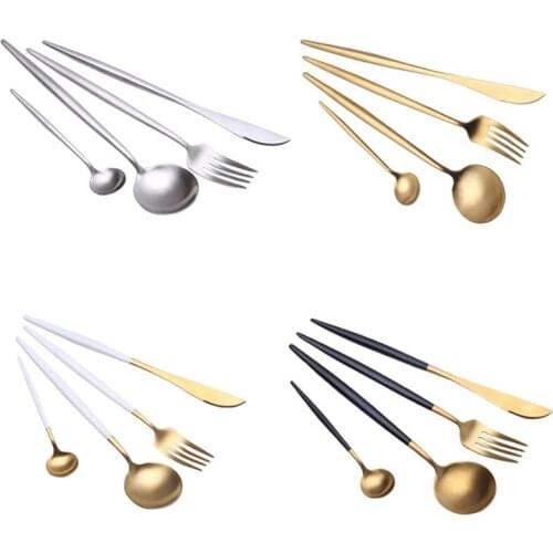 Stainless Steel Cutlery High Quality Reusable Silver Spoon Fork Knife Set Gold Plated Flatware Metal Black Tableware Home Use