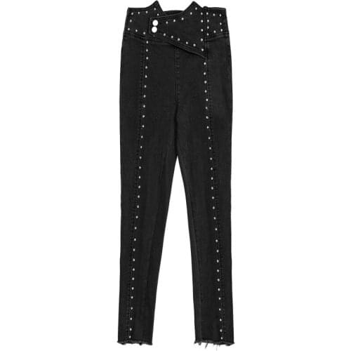 Chic womens rivets Jeans Fashion high-waist pencil pants 2019 autumn ninth pants A433