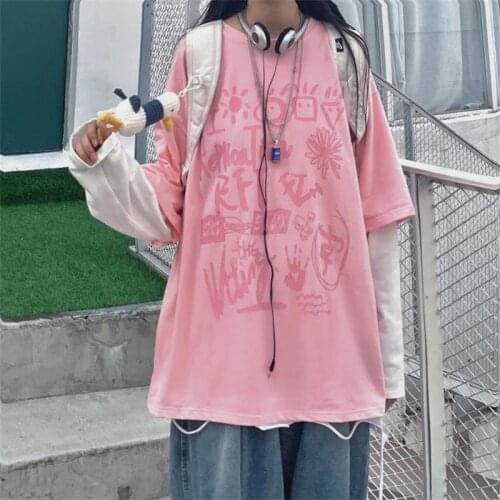 Womens T-shirts Tops Japanese Kawaii Ladies Ulzzang Two-dimensional Girl Pink Letters Fake Two Long Sleeves
