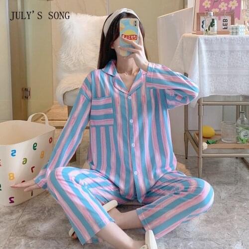 JULYS SONG 2021 New Cotton Womens Pajamas Sets Female Sleepwear Casual Color Striped Comfortable Homewear Ladies Nightwear