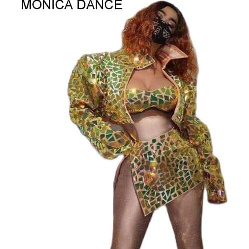 Women Sexy Stage Gold Sequin Bra+skirt+ Jacket 3-piece Set Nightclub DJ Stage Outfit Hip Hop Singer Dancer Performance Wear