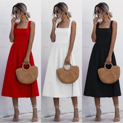 New Summer Woomens Dress 2021 Female Clothing Fashion Solid Color Red White Dress Midi Sundress Vestidos De Mujer Casual Robe