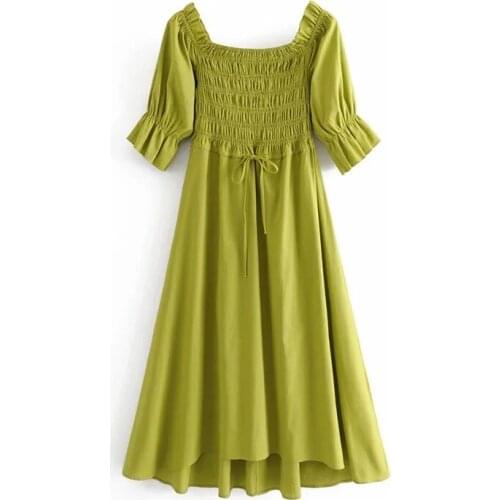 Bella philosophy women solid puff sleeve casual dress office lady green pleated A-Line dres female high waist lace up dress