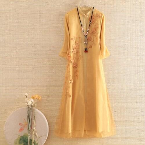 Spring And Summer Chinese Style Women Qipao Dress Retro Embroidery 3/4 Sleeve Slim Elegant Lady A-line Cheongsam Dress S-XXL