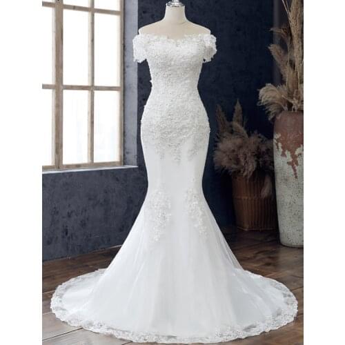 2021 Off-Shoulder Sweetheart Lace Mermaid Short Sleeve Lace-up Ivory Backless Wedding Dress Bride Gown Vestidos De Novia