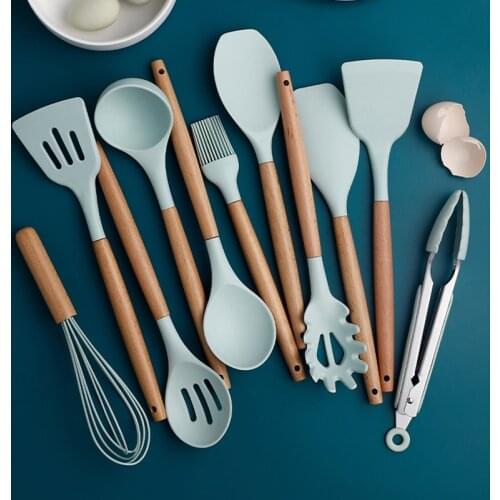 1-12Pcs Silicone Cooking Kitchen Utensils Set Non-Stick Spatula Shovel Spoon Wooden Handle Cooking Tools Set with Storage Box