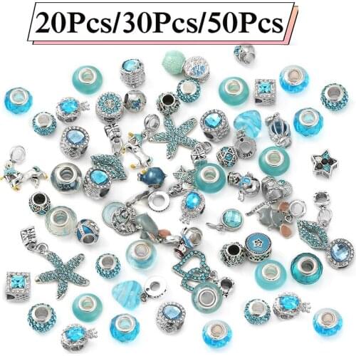 100Pcs Silver Color Sparkling Blue Mixed Random Delivery Charm Beads Original Bracelets Necklaces Women Jewelry Making Wholesale