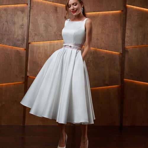 1950s Vintage Ankle Length Wedding Dresses Sleeveless Scoop Neck Satin with Belt A Line Short Bridal Gowns Custom Made