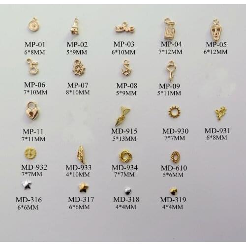 3D 50pcs/bag Different Metal Pendant Love Bottle Helm Key Leaf Star Oval Nail Decoration Metal Shinny Deco 2