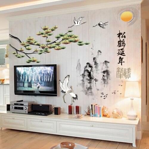 Ink painting Pine crane wall stickers PVC Material DIY art wall decals For Living room TV background wall bedroom decor stickers