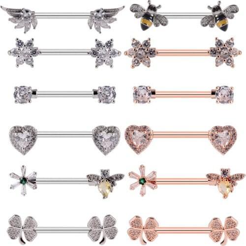 CHUANCI Screw 316 Surgical Steel Flower&Bee Wing Shape Zircon Crystal Nipple Barbell Ring Push In Body Piercing Jewelry 14G