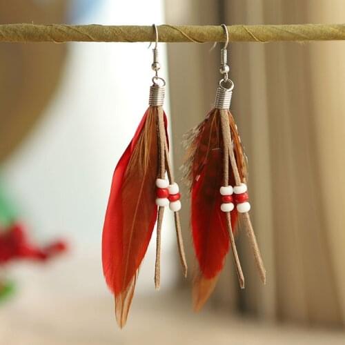 Gypsy Summer Earrings For Women 2020 Long Red Feather Boho Earrings Oorbellen Tribe Leather Indian Jewelry
