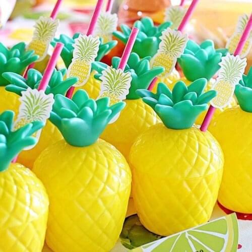 Hawaiian Tropical Pineapple Coconut Drinking Cup Party Birthday Juice Cups Straw Summer Luau Beach Pool Party Supplies Decor