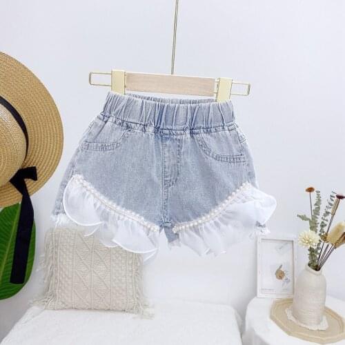 Korean Girl Hot Pants Thin Summer New Fashion Pearl Lace Sweet Denim Shorts Casual Pants Trend