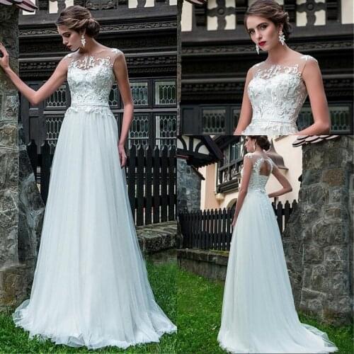 Hot Sale O-neck Sleeveless Top Embrodiery Tulle Keyhole Back Design Sweep Train A-line Beach Wedding Dresses robe de mariee 2021
