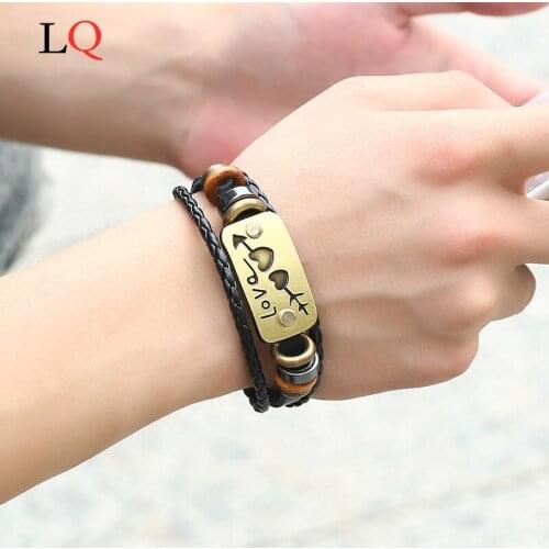 Fashion Punk Stainless Steel Leather Beaded Braclets for Men Black Bracelets for Men Lover Bangle for Couple Bracelets for Women